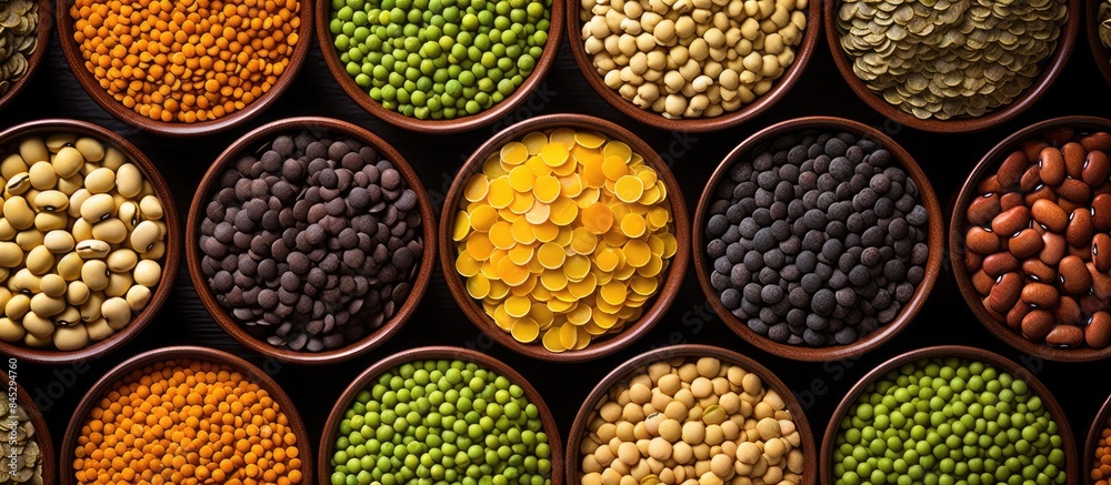 Poster a top view image showing colorful lentils including yellow brown green and orange varieties arranged