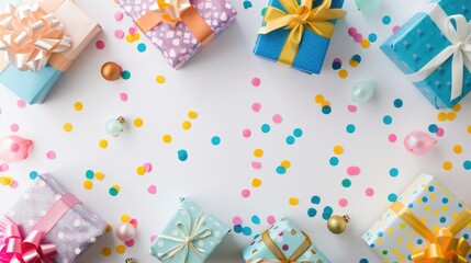 Colorful Wrapped Gifts with Confetti on White Background