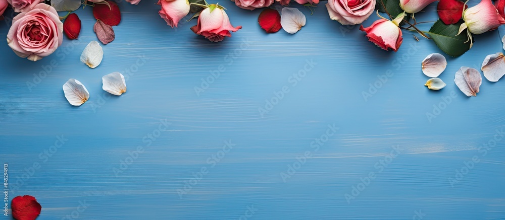 Poster the valentine s day background features a wooden blue backdrop adorned with a frame made of roses fl