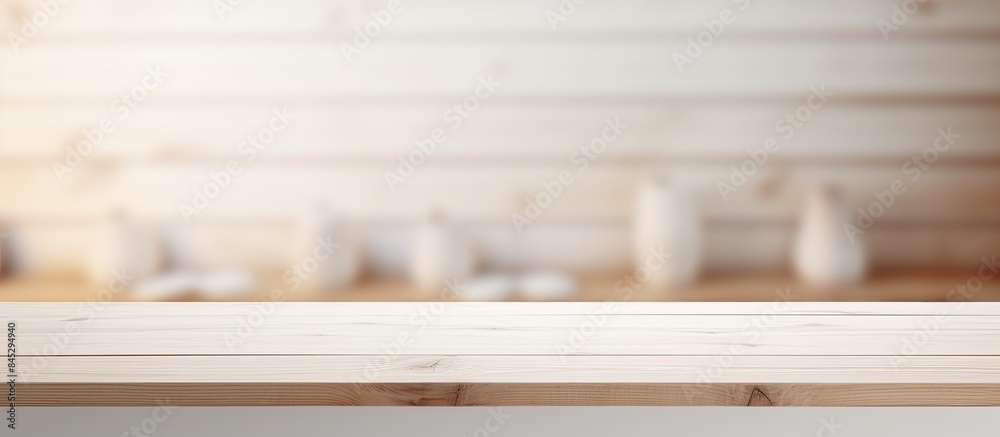 Poster a white wooden table sits empty against a blurred interior background providing a clean and versatil