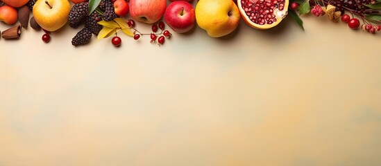 Top view copy space image with traditional Jewish Rosh Hashanah attributes on a colored background capturing the festive essence of the holiday