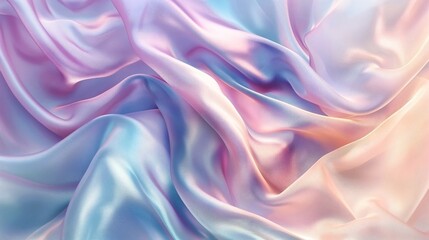 Fototapeta premium Close-up of colorful, silky fabric with smooth folds and a pastel gradient of pink, purple, and blue hues.