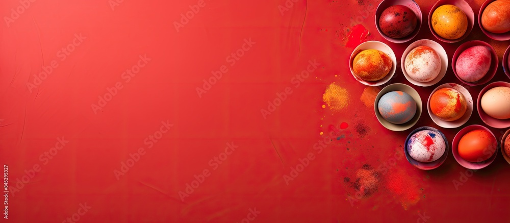 Fototapete colorful easter eggs are being painted from a top view perspective against a vibrant red backdrop th