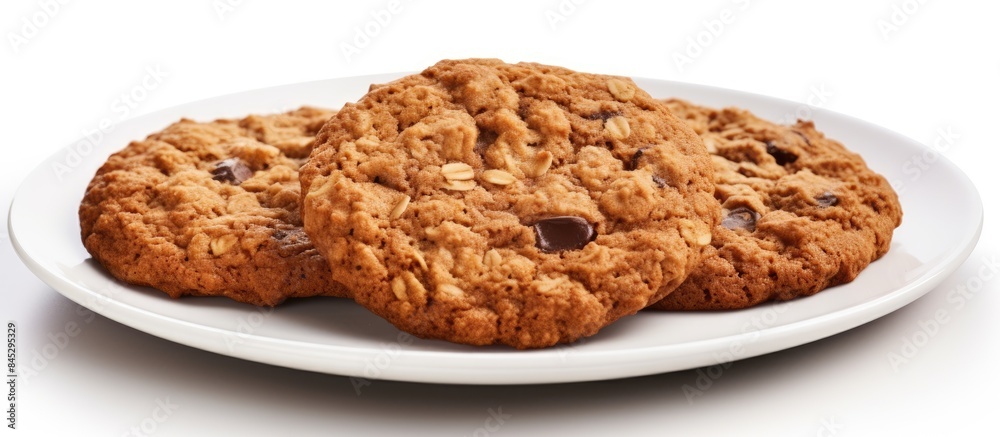 Poster a close up copy space image of three enticing dark brown oatmeal cookies placed on an earthenware su
