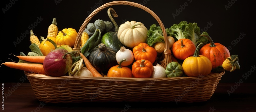 Aufkleber a wicker basket filled with a variety of autumn organic vegetables including pumpkin carrot butternu