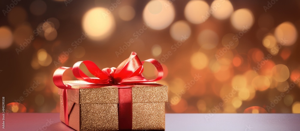 Poster horizontal copy space image of a cardboard gift box adorned with a red ribbon placed on a golden bok