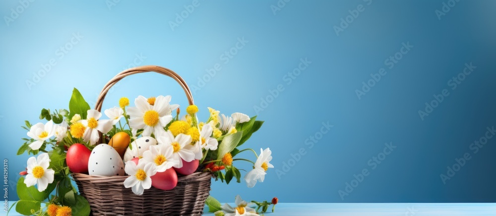 Poster the easter concept is represented by a delightful basket filled with eggs and flowers showcased on a
