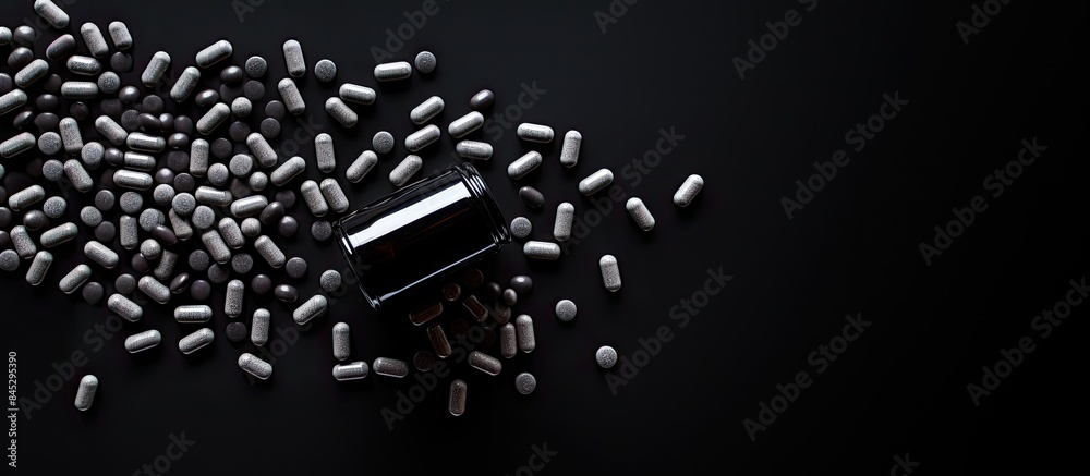 Poster a top down view of black supplement capsules being poured out of a white bottle creating a flat lay 