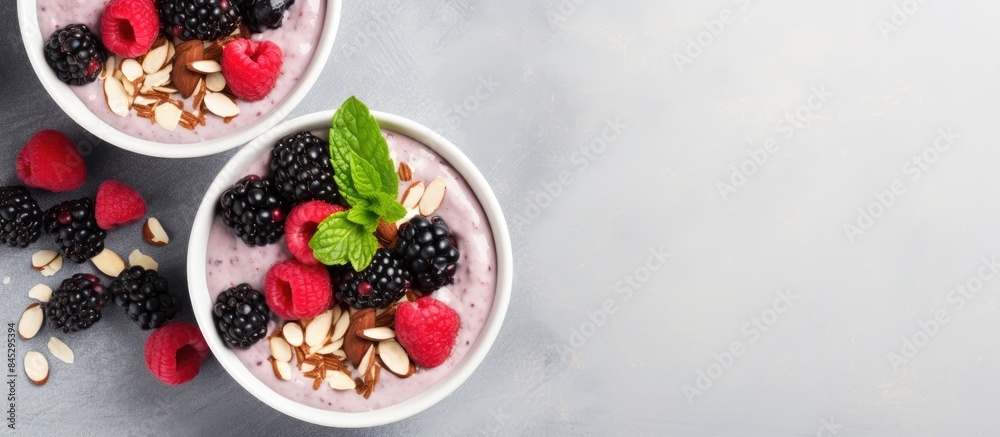 Poster a healthy dessert of mashed berries banana and natural yogurt in a white bowl adorned with frozen bl
