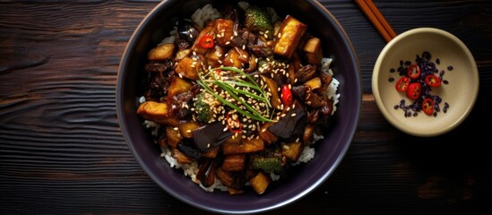 Top view of a Korean Chinese or Asian vegan meal featuring a bowl of glazed fried aubergine stir fry with a sweet soy sauce glaze Includes copy space for image composition