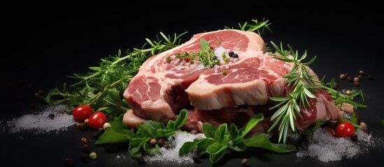 A food background showcasing fresh raw pork meat sprinkled with salt pepper and arugula There is ample space for adding text or other images