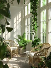 Fototapeta premium Bright and airy sunroom with wicker furniture and indoor plants 