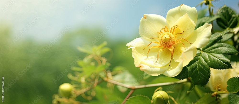Poster a dreamlike image of a yellow wild rose with a spider in the blossom set against a natural green bac