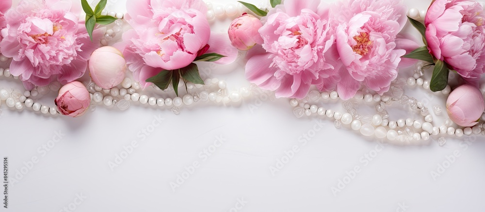 Aufkleber a top down view of a feminine floral arrangement consisting of pink peony flowers gift boxes and pea