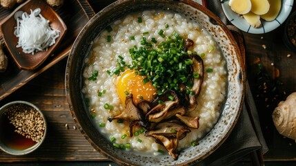 Tasty rice porridge with egg shiitake ginger and scallion in bowl from above
