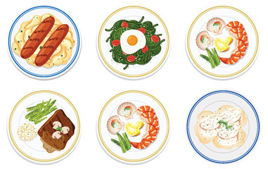 Six diverse and appetizing food dishes illustrated
