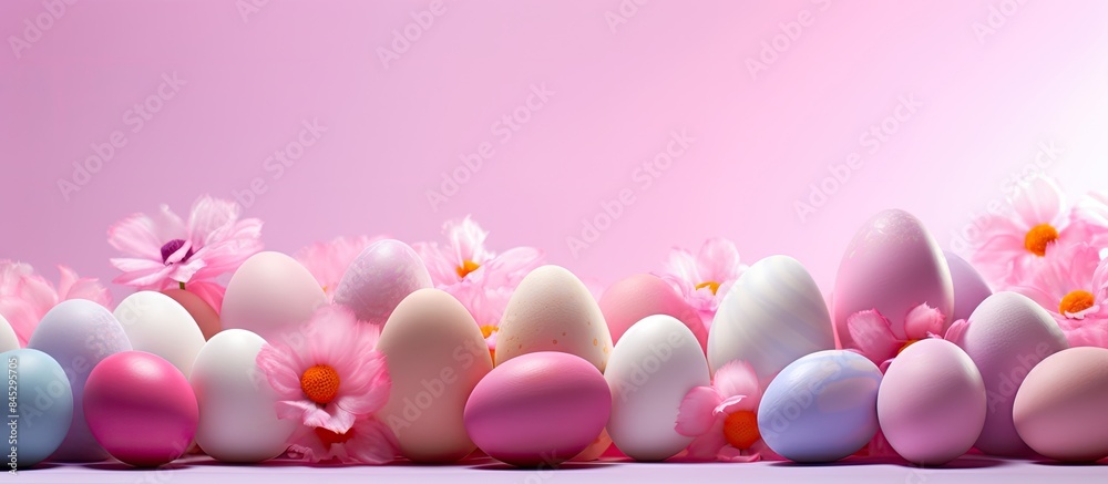 Poster A spring themed background with colorful Easter eggs providing a pink hue and representing the essence of the season Ideal for decorating and creating a vibrant copy space image