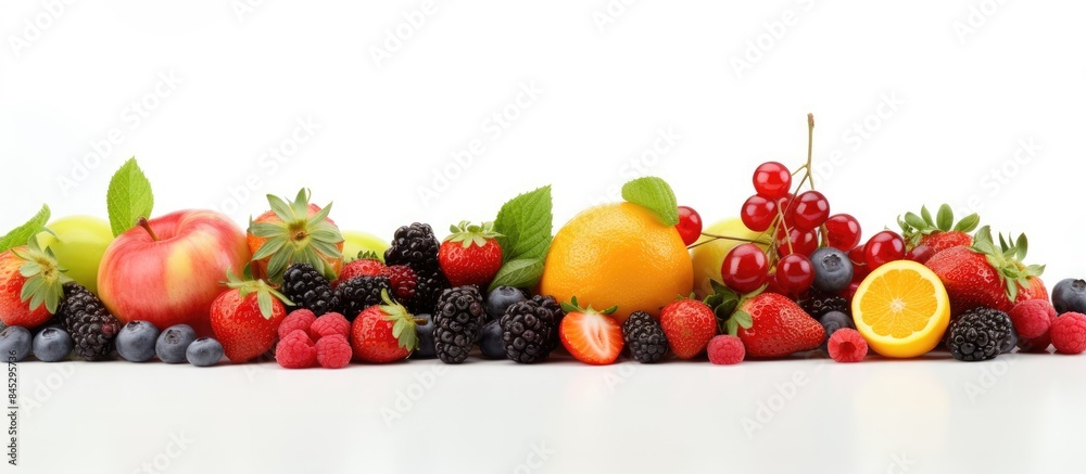 Poster A close up panoramic photo displaying a vibrant assortment of fresh and healthy fruits and berries isolated on a white background with ample copy space