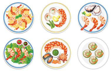 Assorted seafood dishes on various plates