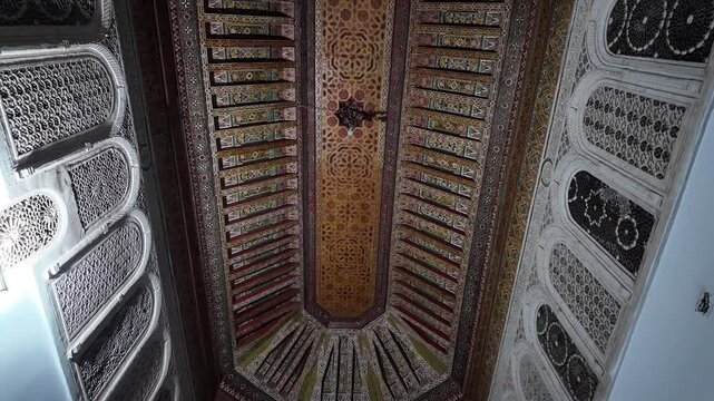 Interior roof of muslim ryad with islamic art mosaic design in Morocco