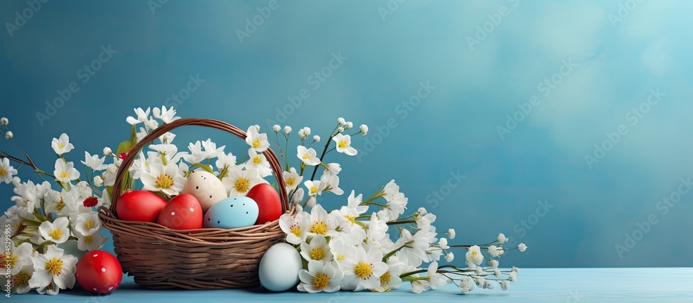Poster the easter concept is represented by a delightful basket filled with eggs and flowers showcased on a