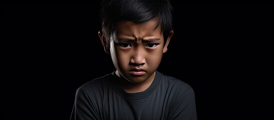 The image displays an isolated Asian boy with folded arms a bowed head and an expression of sadness fear disappointment and depression with tears streaming down his face Ample copy space is available