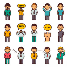 
Colored Icons Depicting Various Apology Gestures Including Bowing, Speech, and Hand Gesture.

