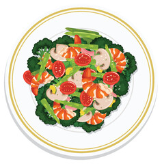 Colorful salad with shrimp and fresh vegetables