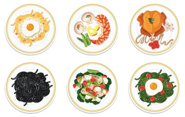 Six diverse and appetizing food dishes