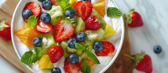 Yummy fruit salad with yogurt displayed on a neutral-colored table