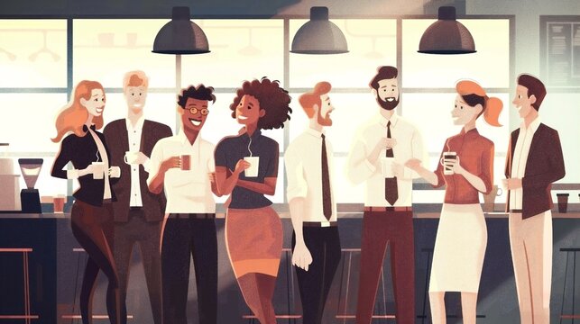 Illustration of diverse group of office workers socializing and having coffee in company breakroom with relaxed atmosphere.