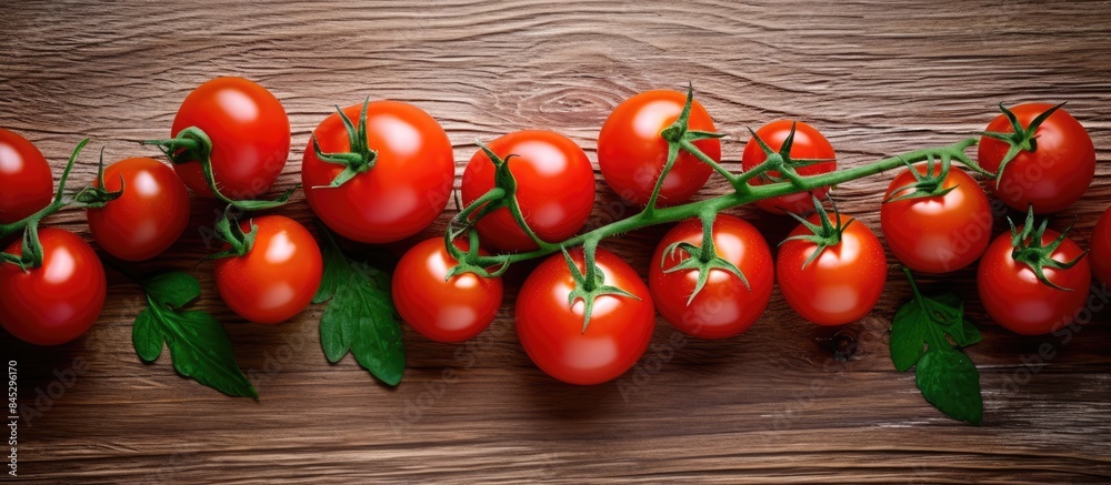 Aufkleber A top view image of fresh red cherry tomatoes on a branch placed on a kitchen table The image conveys the concept of growing vegetables and healthy eating Copy space is available