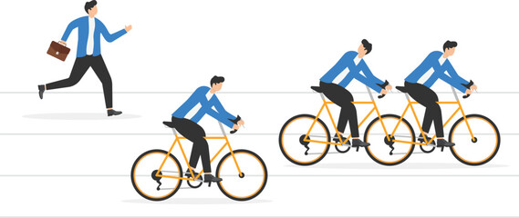 Obraz premium Business competition. Advantage, concept. Businessmen ride dual bike and wins using technological advantage. Winner and losers businesspeople. Office Relationships, teamwork. flat vector illustration 