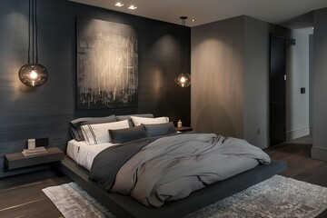 /imagine A stylish bedroom with dark slate grey walls, a low-profile bed with monochromatic bedding, and a statement wall art piece, illuminated by sleek, modern pendant lights.