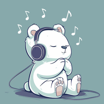 recommend clip art: Cute teddy bear listening to music, wearing headphones, sitting on the floor, eyes close from enjoyment, doodle, cartoon illustration