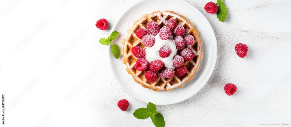 Poster Top view of a delicious Belgian waffle adorned with fresh raspberries powdered sugar and mint on a white table Ample space for adding text in the image