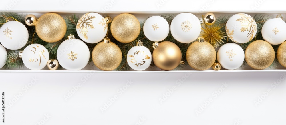 Poster a white background with a craft box filled with golden christmas balls showcasing a christmas concep