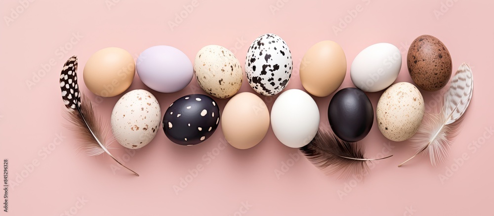 Aufkleber Copy space image of various colored Easter eggs and quail eggs adorned with white feathers arranged on a soft pastel pink background Capturing the essence of the Easter holiday this top view flat lay