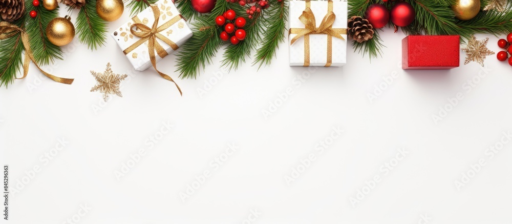 Sticker A festive composition for Christmas and New Year s featuring decorative elements such as gift boxes and pine branches on a white background The top view allows for a clear view of the arrangement cre