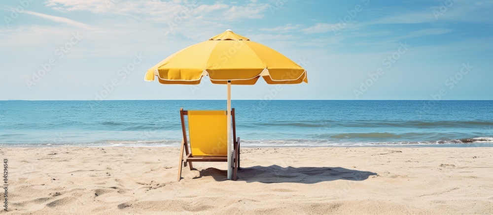 Aufkleber A sunny beach with a scenic view of sand beach chairs and a yellow umbrella creating an ideal setting for relaxing with ample copy space image