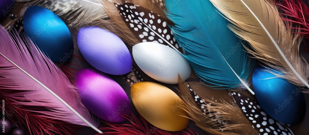 Aufkleber colorful feathers provide a vibrant backdrop for decorative easter eggs the image offers plenty of c