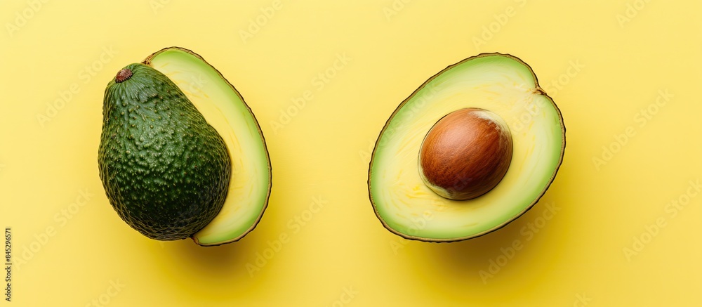 Poster a top down view of two delicious ripe organic avocado halves placed on a bright yellow kitchen table