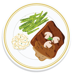 Steak with mushrooms, asparagus, and mashed potatoes