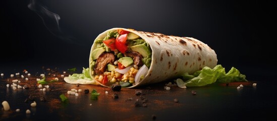 The top view copy space image showcases a portion of a vegetarian burrito a natural product with a tortilla wrap stuffed full of fresh vegetables It is a menu concept for a takeaway serving size fast