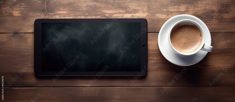 Fototapete From above an aerial shot captures a Tablet PC accompanied by a steaming cup of coffee creating a visually pleasing composition with ample space for copy