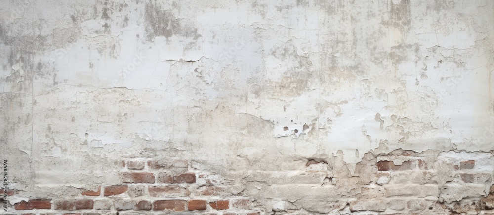 Poster An angle view of a worn and dingy brick wall with a texture resembling white paint creating a background for copy space image 196 characters