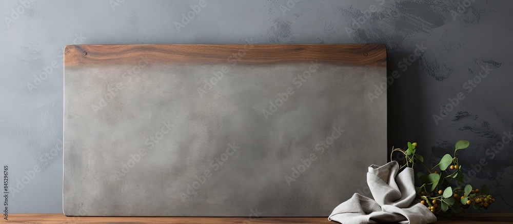 Poster copy space image of an aged cutting board adorned with a linen napkin on a sleek grey concrete surfa