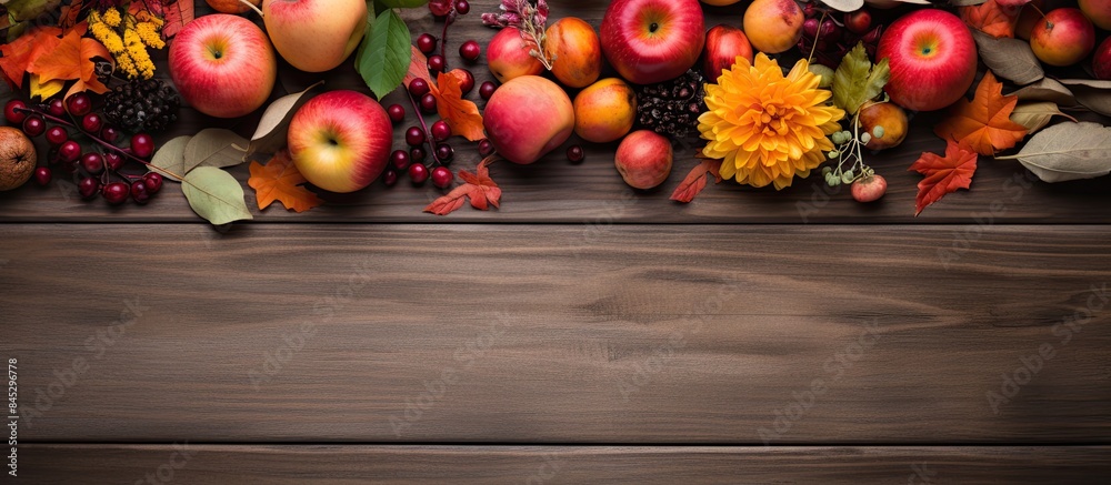 Poster top view of a wooden background adorned with an autumn themed assortment of berries pumpkins apples 