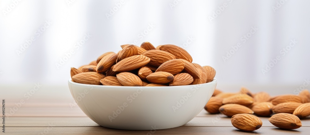 Poster a close up image of a delicious and healthy almond snack displayed in a white ceramic bowl placed on