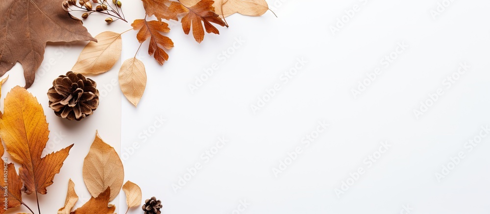 Aufkleber Square copy space image of an autumn themed flat lay composition with a paper card and dried leaves representing the concept of autumn fall and Thanksgiving Day